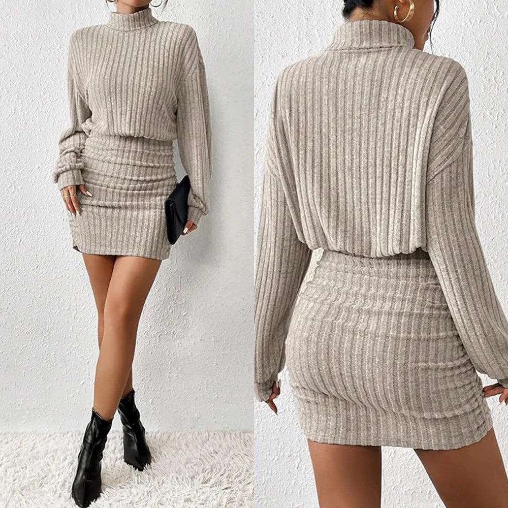 Mia Muse Women's Dresses Fall Winter Casual Plain Knitted Pullover Long Lantern Sleeve High Neck Mini A-Line Short Dresses