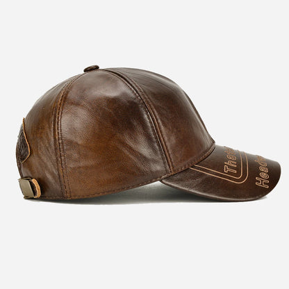 Men Fashion Genuine Cowhide Leather Baseball Cap Casual Real Leather Hat Autumn Winter Real Cowhide Leather Ear Protection Caps