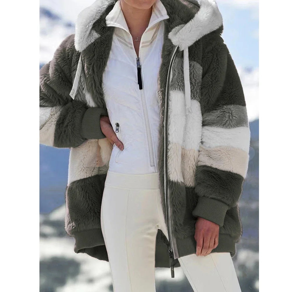 Winter Fashion Women's Coat 2025 Hooded Zipper Ladies Jacket Spliced Thick Cashmere Women Jacket Stitching Plaid Ladies Coats