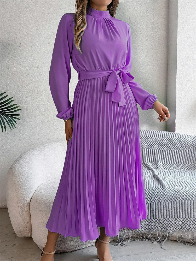 Msfilia Elegant Stand Collar Spring Summer Solid Long Dress Women Full Sleeve High Waist Design Pleated Dress