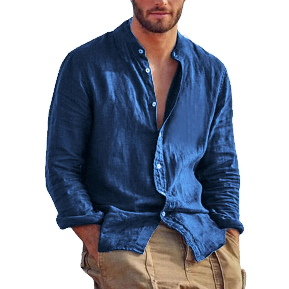 New Men's Solid Color Long Sleeve Shirt Linen Cotton Shirts Trend Plus-size Stand Collar Casual Lightweight Beach Tops