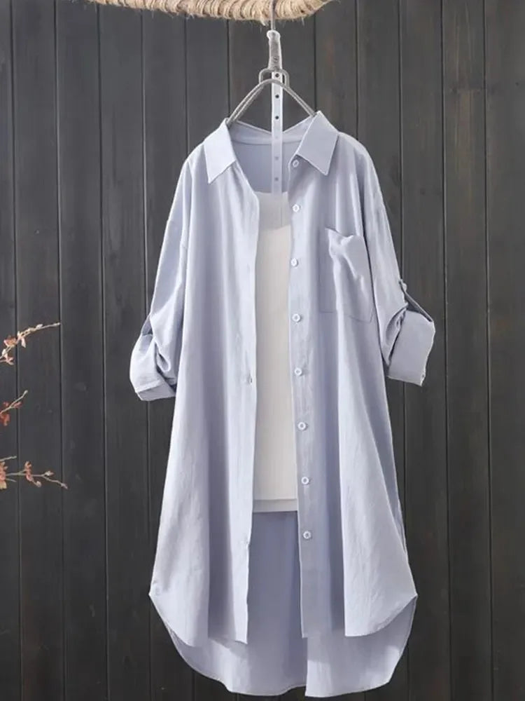 White Shirt Women 2024 Spring Summer Korean Fashion Simple Solid Color Long Shirts Lady Loose Breathable Midi Shirt and Blouse