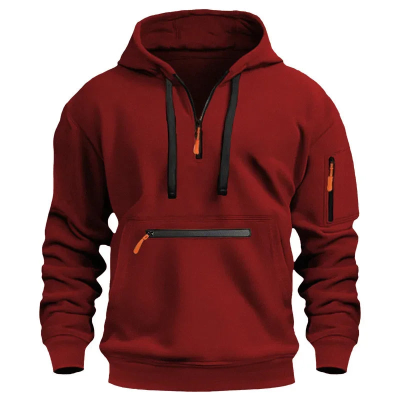 Men's casual sports hoodie, spring and autumn fashion arm pocket pull rope hooded solid color loose long-sleeved blouse pullover