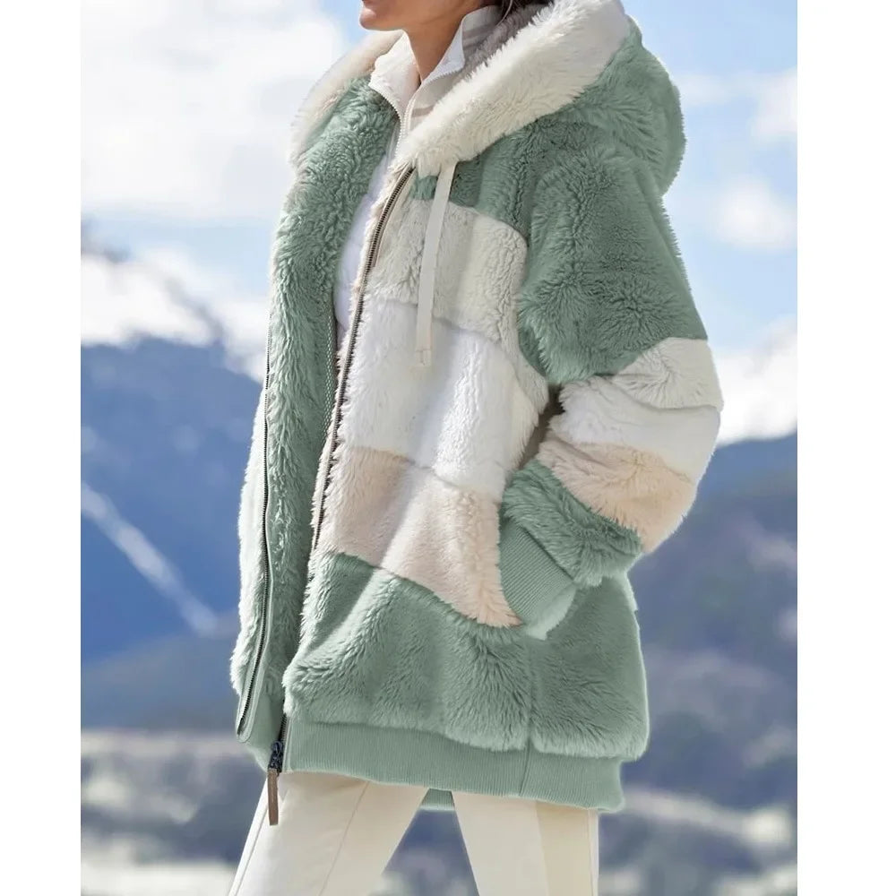 Winter Fashion Women's Coat 2025 Hooded Zipper Ladies Jacket Spliced Thick Cashmere Women Jacket Stitching Plaid Ladies Coats