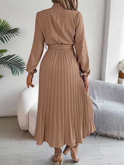 Msfilia Elegant Stand Collar Spring Summer Solid Long Dress Women Full Sleeve High Waist Design Pleated Dress