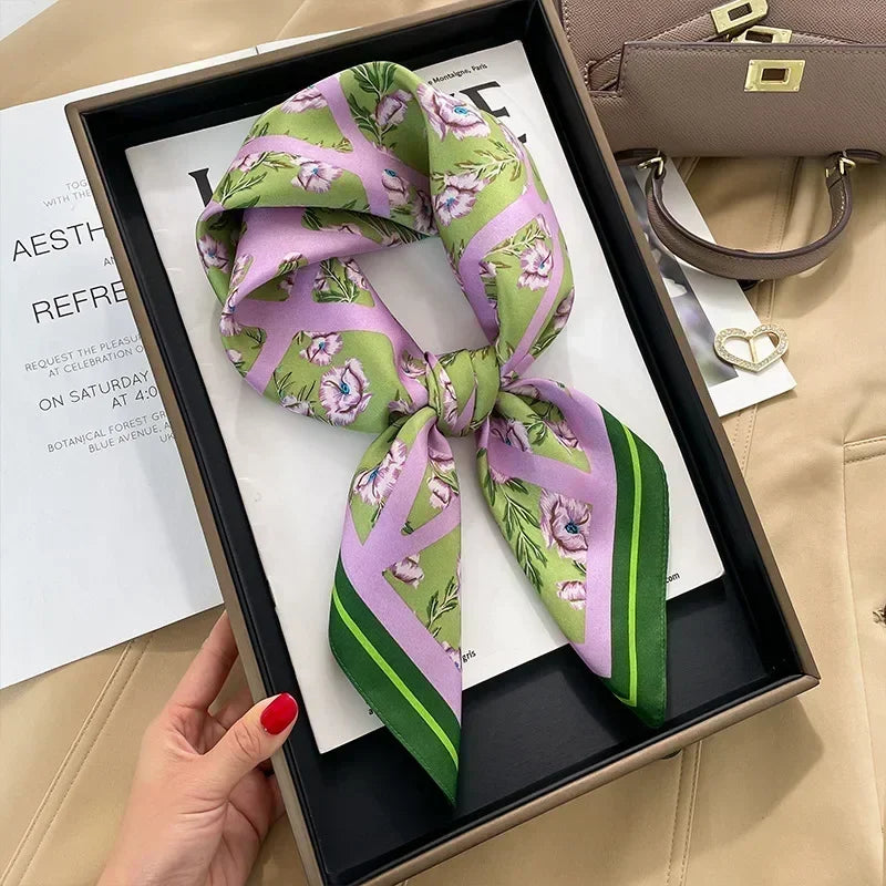 Luxury Design Print Silk Square Scarf Women Soft Satin Horse Hairband Neckerchief Office Hijab Headband Foulard Bag Ribbons Gift