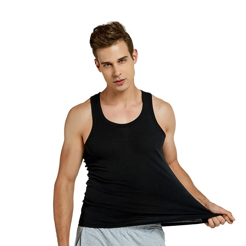 Hot Sale 100% Cotton Mens Sleeveless Tank Top Solid Muscle Vest Undershirts O-neck Gymclothing Tees Whorl Tops