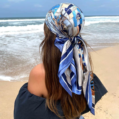 Satin Square Scarf Women Muslim Hijab Elegant 2023 Print Silk Neckerchief Shawl Wraps Headband Handle Hair Accessories Bandana