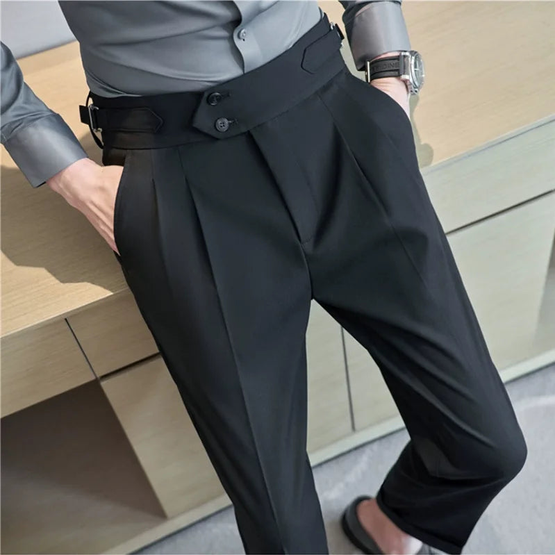 British Style Men High Waist Casual Dress Pant Men Belt Design Slim Trousers Formal Office Social Wedding Party Dress Suit Pants