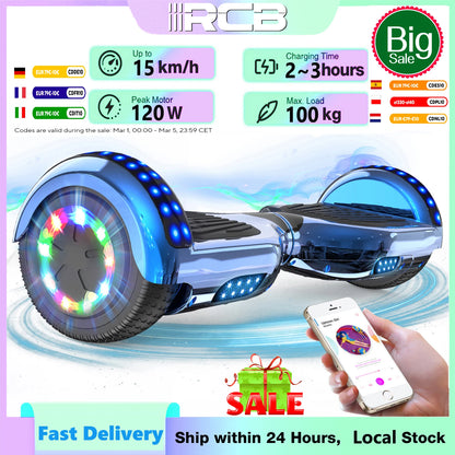 RCB Hoverboard, 6.5 Inch Two Wheel Hoverboard with Bluetooth Speaker with LED Light, Hoverboard Gift for Kids and Adults