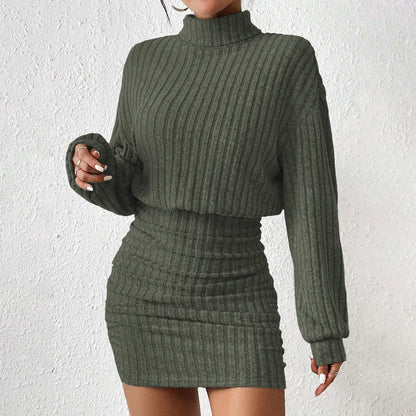 Mia Muse Women's Dresses Fall Winter Casual Plain Knitted Pullover Long Lantern Sleeve High Neck Mini A-Line Short Dresses