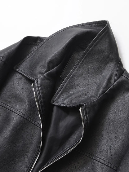 Ailegogo Streetwear Women Retro Loose Short Pu Faux Leather Jacket Spring Autumn Female Zipper Coat Vintage Moto Biker Outwear