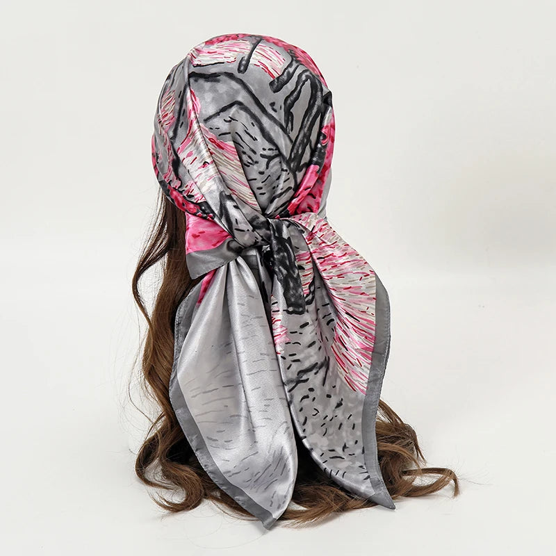 Satin Square Scarf Women Muslim Hijab Elegant 2023 Print Silk Neckerchief Shawl Wraps Headband Handle Hair Accessories Bandana