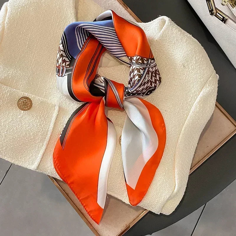 Luxury Design Print Silk Square Scarf Women Soft Satin Horse Hairband Neckerchief Office Hijab Headband Foulard Bag Ribbons Gift