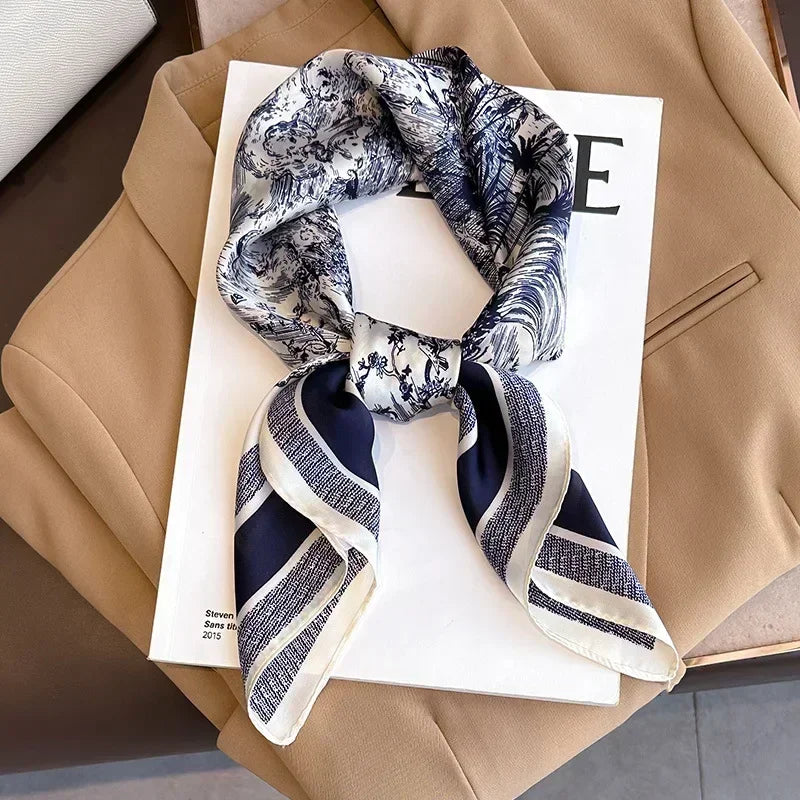 Luxury Design Print Silk Square Scarf Women Soft Satin Horse Hairband Neckerchief Office Hijab Headband Foulard Bag Ribbons Gift