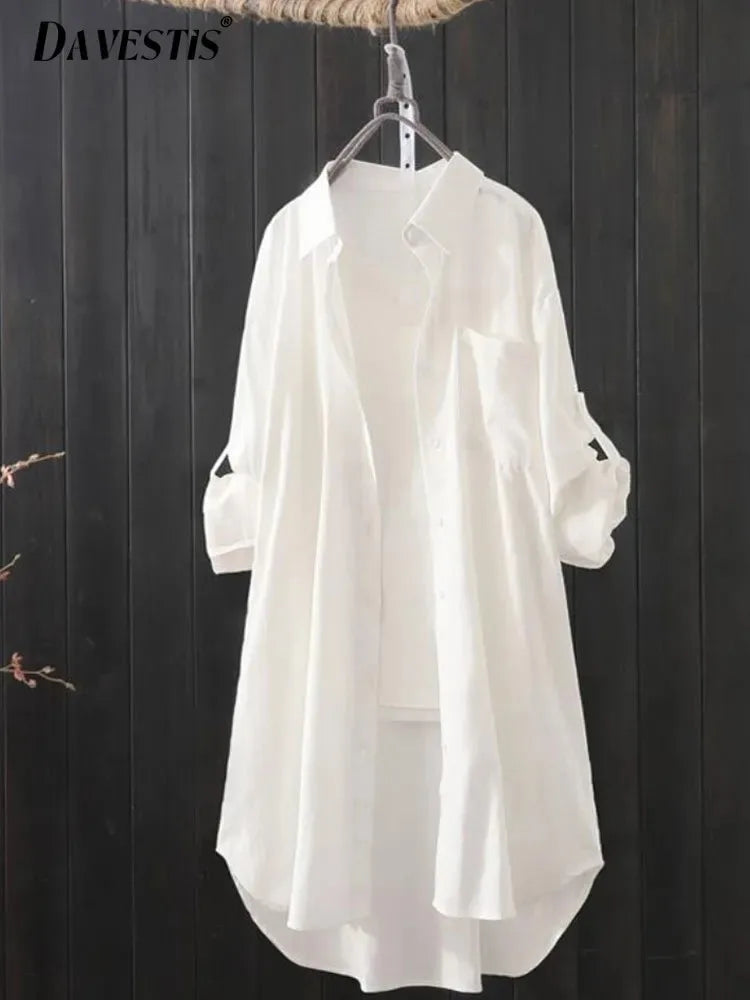 White Shirt Women 2024 Spring Summer Korean Fashion Simple Solid Color Long Shirts Lady Loose Breathable Midi Shirt and Blouse