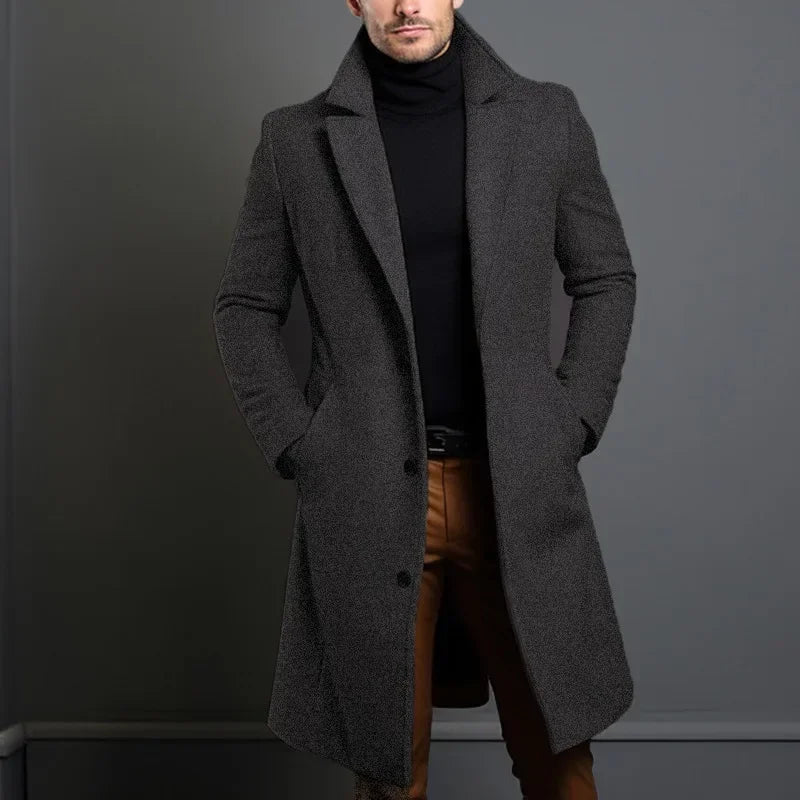 Gentleman's Casual Woolen Coat for Autumn and Winter, Single-breasted Lapel Warm Coat for European and American Young Men S-XXL