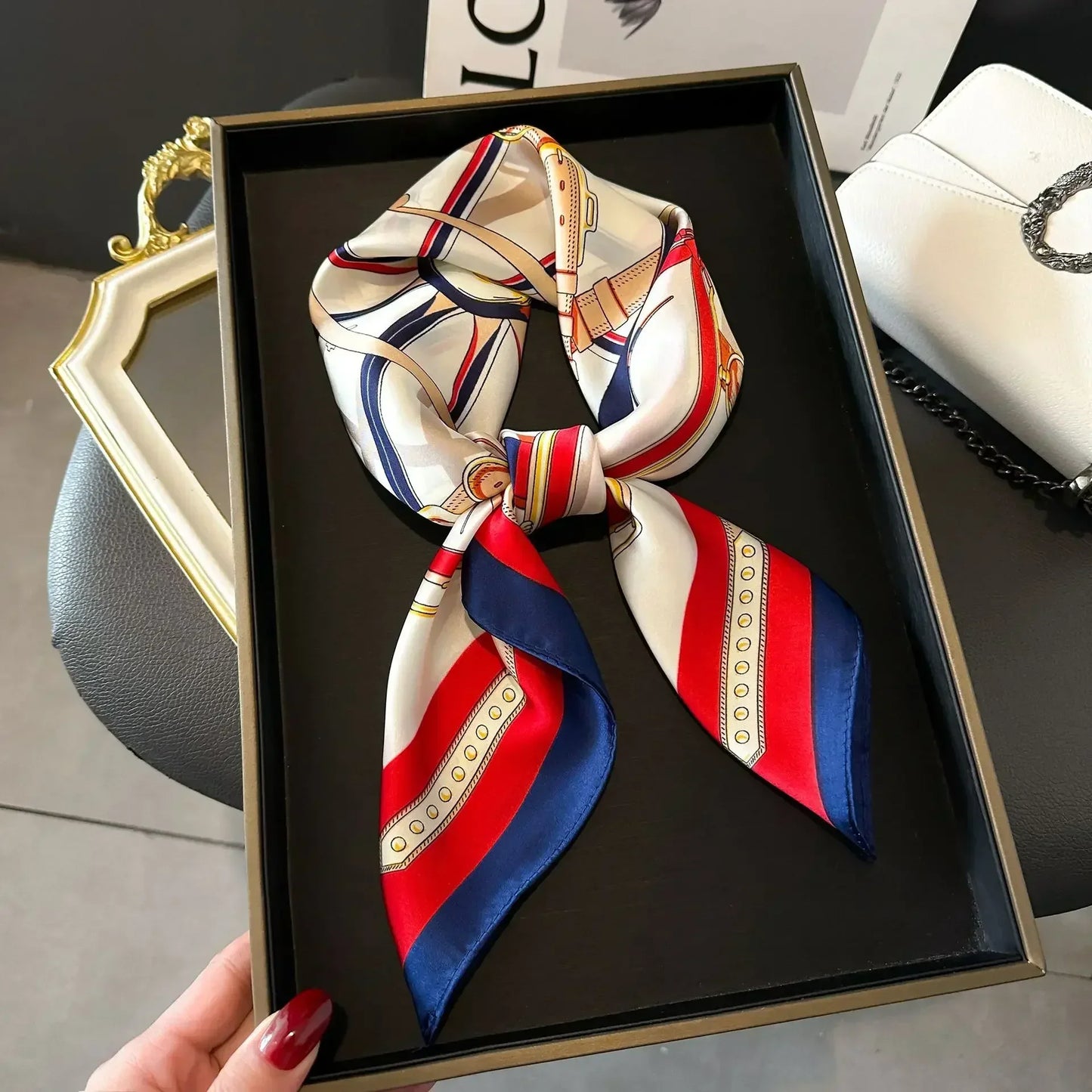 Luxury Design Print Silk Square Scarf Women Soft Satin Horse Hairband Neckerchief Office Hijab Headband Foulard Bag Ribbons Gift