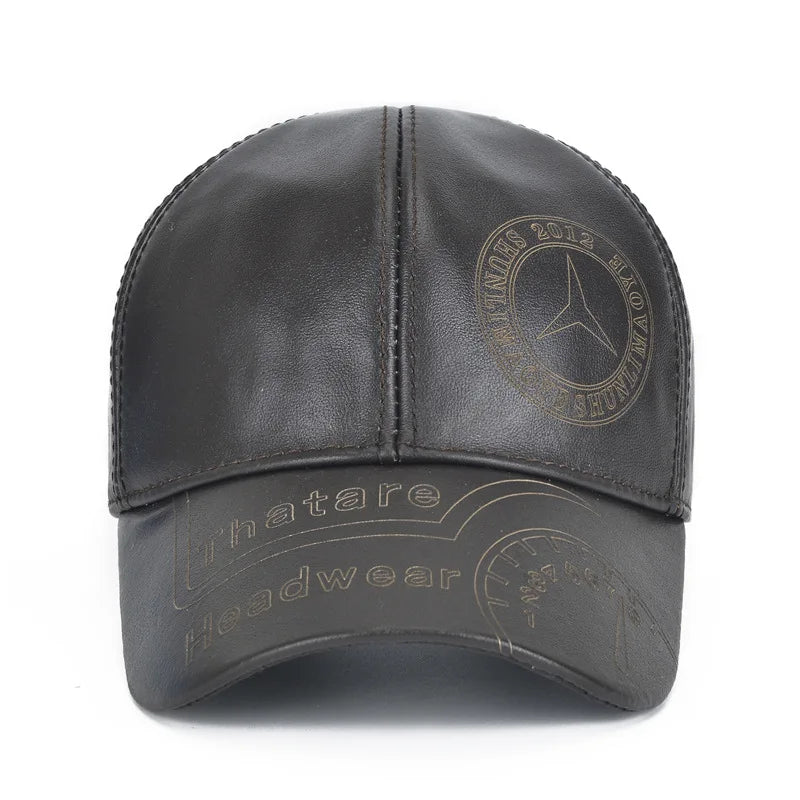 Men Fashion Genuine Cowhide Leather Baseball Cap Casual Real Leather Hat Autumn Winter Real Cowhide Leather Ear Protection Caps