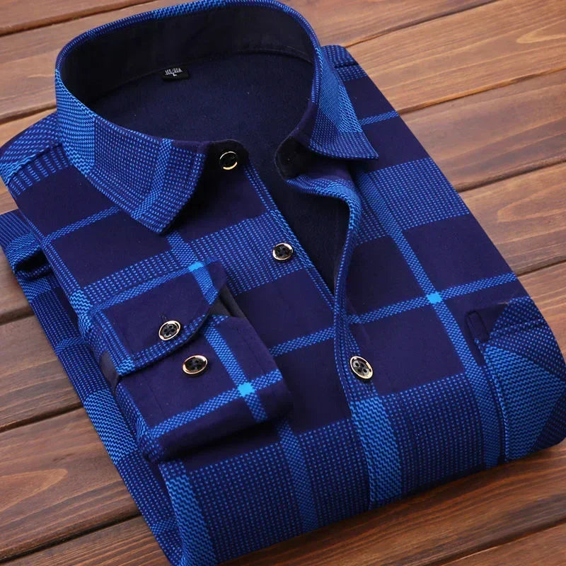 2024 Men's Winter Warm Long Sleeve Plaid Shirts Flannel Fur Lined Thick Formal Shirts Fleece Casual Shirt for Men Dress Shirts