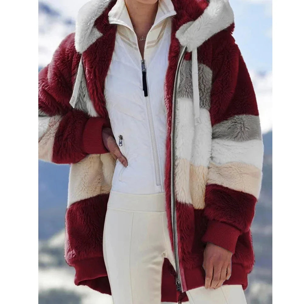 Winter Fashion Women's Coat 2025 Hooded Zipper Ladies Jacket Spliced Thick Cashmere Women Jacket Stitching Plaid Ladies Coats