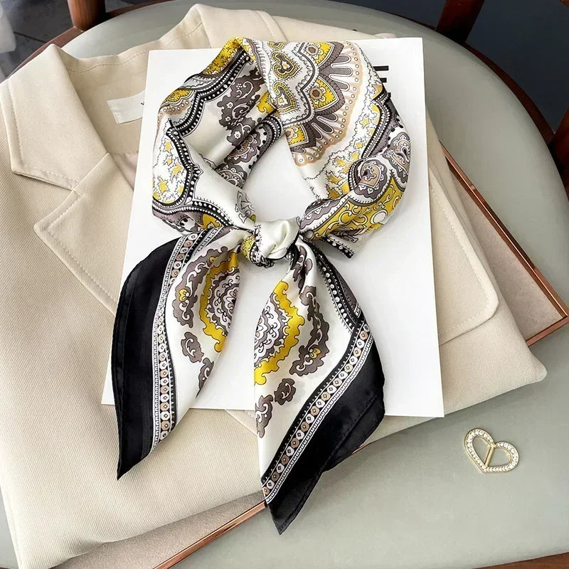 Luxury Design Print Silk Square Scarf Women Soft Satin Horse Hairband Neckerchief Office Hijab Headband Foulard Bag Ribbons Gift