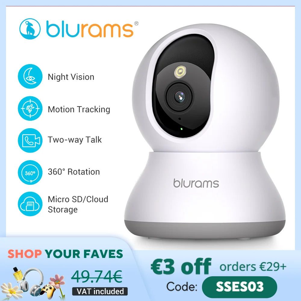 Blurams 2.4＆5G WiFi Indoor Camera, 2K, 360° PTZ Pet Dog IP CCTV Camera with Phone App, 2-Way Talk, Night Vision, for Home Securi