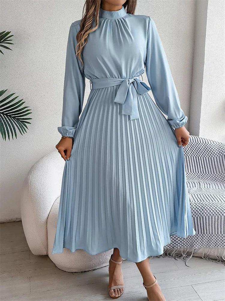 Msfilia Elegant Stand Collar Spring Summer Solid Long Dress Women Full Sleeve High Waist Design Pleated Dress