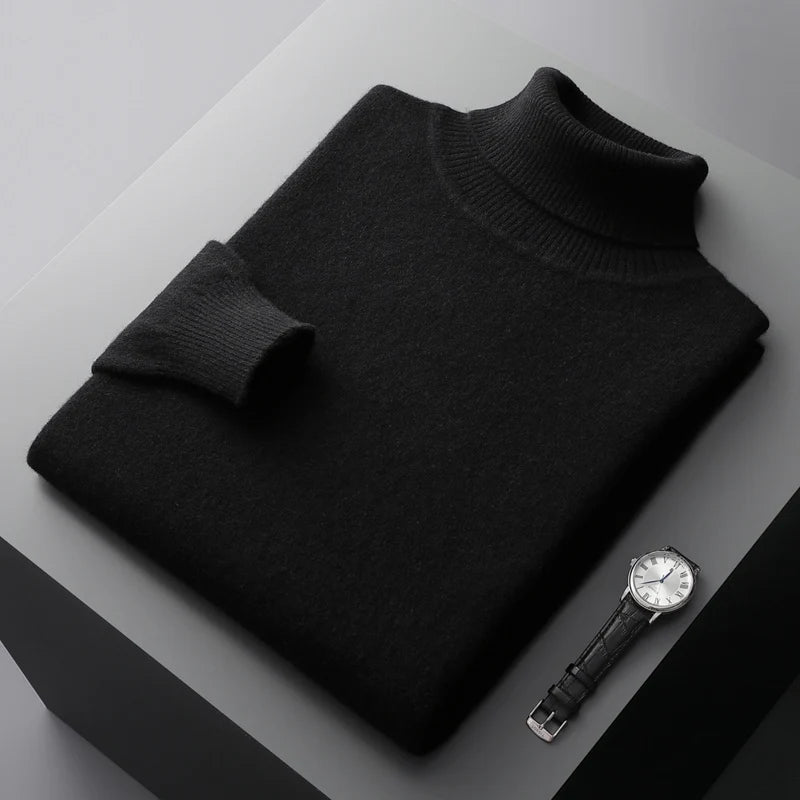 Autumn and winter new 100% pure merino wool pullover men's turtleneck cashmere sweater thickened warm  loose solid color top