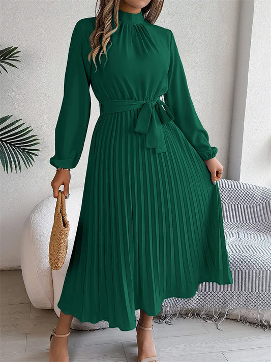 Msfilia Elegant Stand Collar Spring Summer Solid Long Dress Women Full Sleeve High Waist Design Pleated Dress