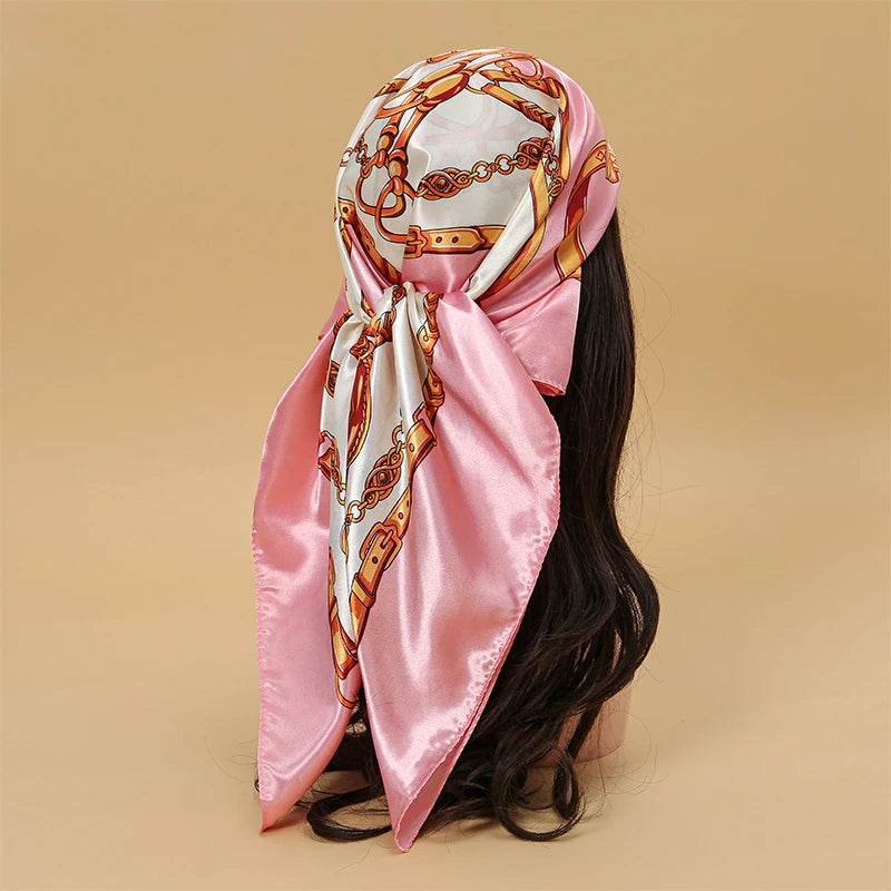 Satin Square Scarf Women Muslim Hijab Elegant 2023 Print Silk Neckerchief Shawl Wraps Headband Handle Hair Accessories Bandana