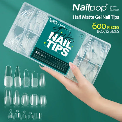 NAILPOP Soft Gel Nail Tips 600PCS Pre-Buff Full Cover Coffin Almond  Oval Shaped Nail Extenison Tips Half Matte Gel X Fake Nails