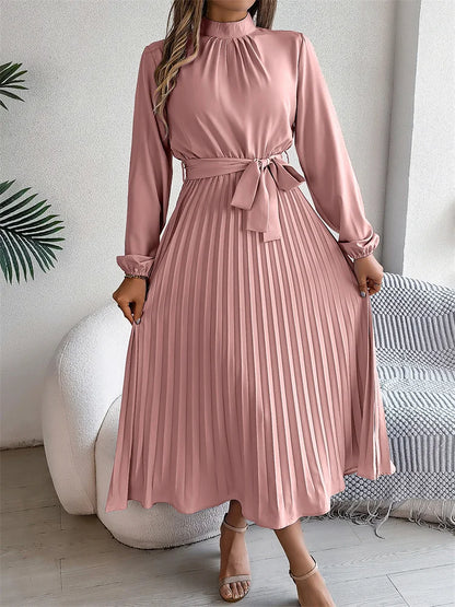 Msfilia Elegant Stand Collar Spring Summer Solid Long Dress Women Full Sleeve High Waist Design Pleated Dress