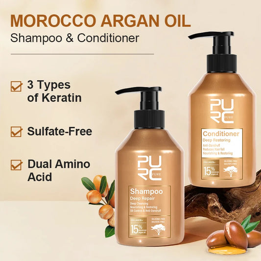 PURC Morocco Argan Oil Shampoo Conditioner Set Amino Acid Keratin Smoothing Repair Damaged Hair Treatment Sulfate-Free Hair Care