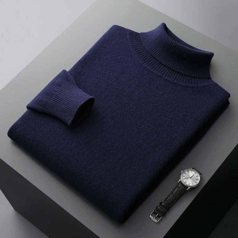 Autumn and winter new 100% pure merino wool pullover men's turtleneck cashmere sweater thickened warm  loose solid color top