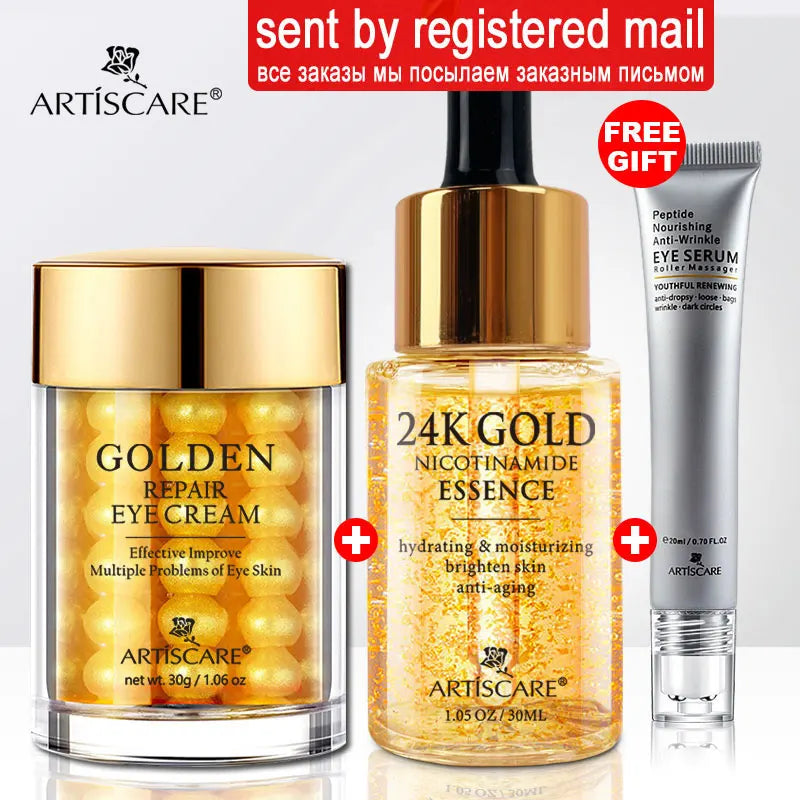 ARTISCARE 24K Gold Serum SET 3pcs/Lot for Moisturizing and Hydrating Dark Circles Eye Cream Face Essence Skin Care Products