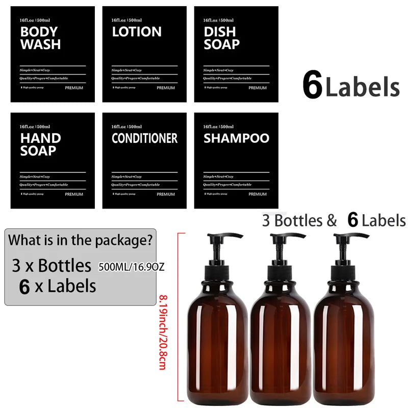 3 Pack 500ml Soap Dispenser With Labels Kitchen Bathroom Shampoo Conditioner Bottles Hand Pump Empty Liquid Shower Gel Container