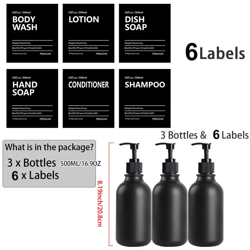 3 Pack 500ml Soap Dispenser With Labels Kitchen Bathroom Shampoo Conditioner Bottles Hand Pump Empty Liquid Shower Gel Container