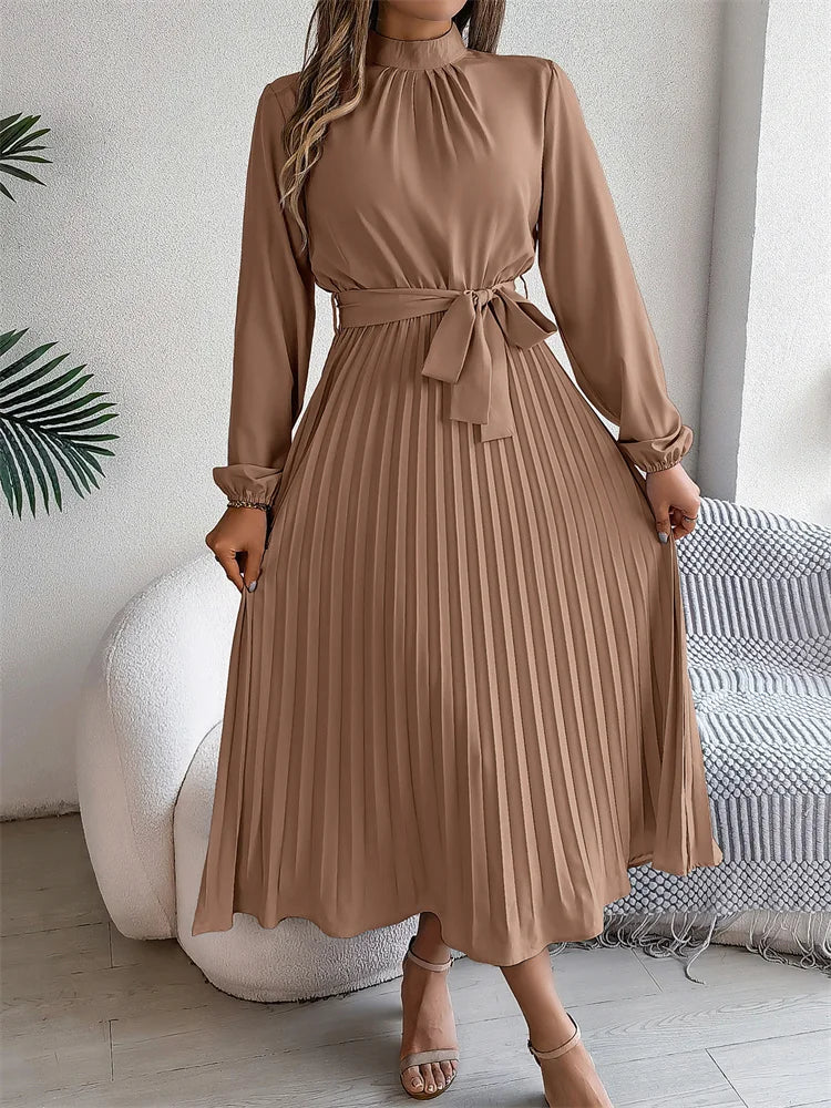 Msfilia Elegant Stand Collar Spring Summer Solid Long Dress Women Full Sleeve High Waist Design Pleated Dress