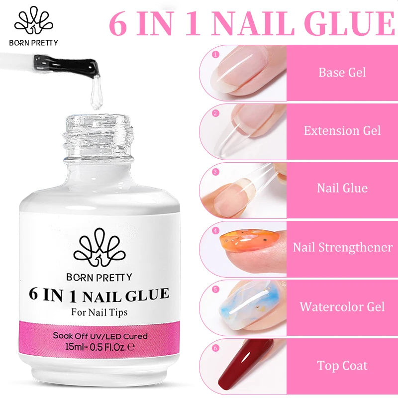 BORN PRETTY 15/10ML 6 IN 1 Nail Glue Gel for Acrylic Nails Soak off Base Gel Top Coat UV Extension Nail Gel False Nail Tips Gel