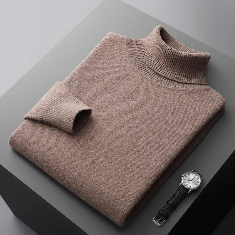 Autumn and winter new 100% pure merino wool pullover men's turtleneck cashmere sweater thickened warm  loose solid color top