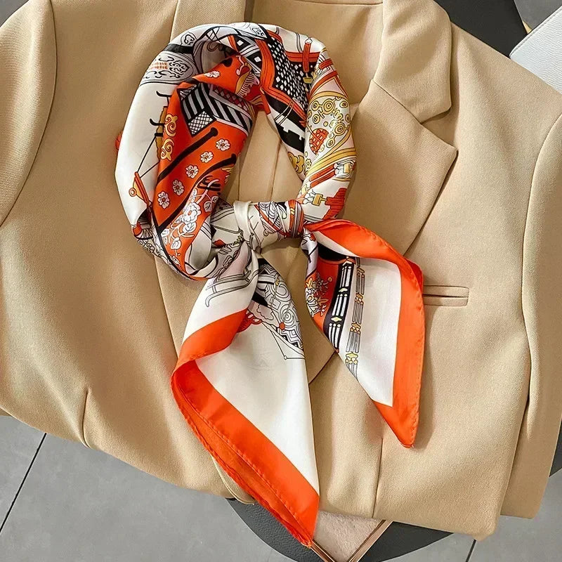 Luxury Design Print Silk Square Scarf Women Soft Satin Horse Hairband Neckerchief Office Hijab Headband Foulard Bag Ribbons Gift