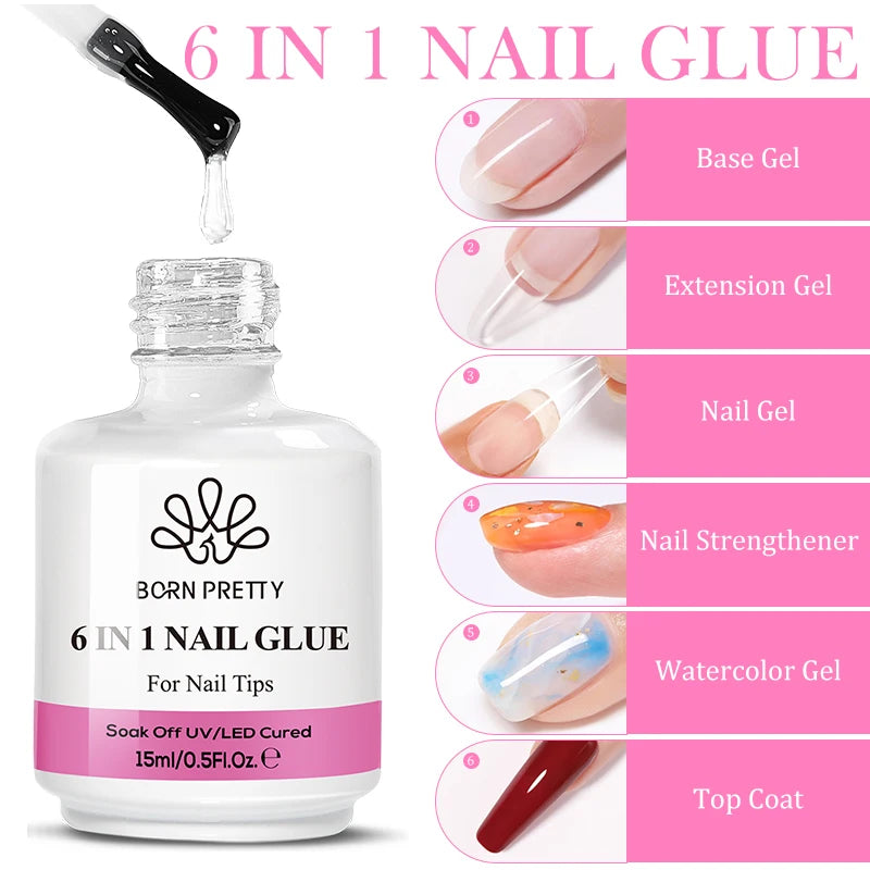 BORN PRETTY 15/10ML 6 IN 1 Nail Glue Gel for Acrylic Nails Soak off Base Gel Top Coat UV Extension Nail Gel False Nail Tips Gel