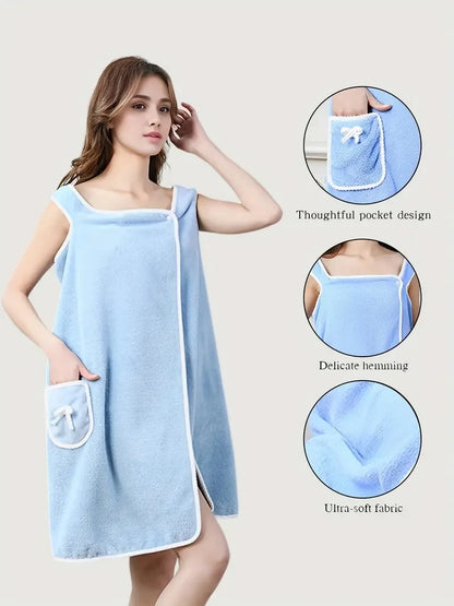 1pc Wearable Bath Towel, Cute Bow Soft Shower Skirt For Women,. Adjustable Bath Robe With Pocket For Home And Travel