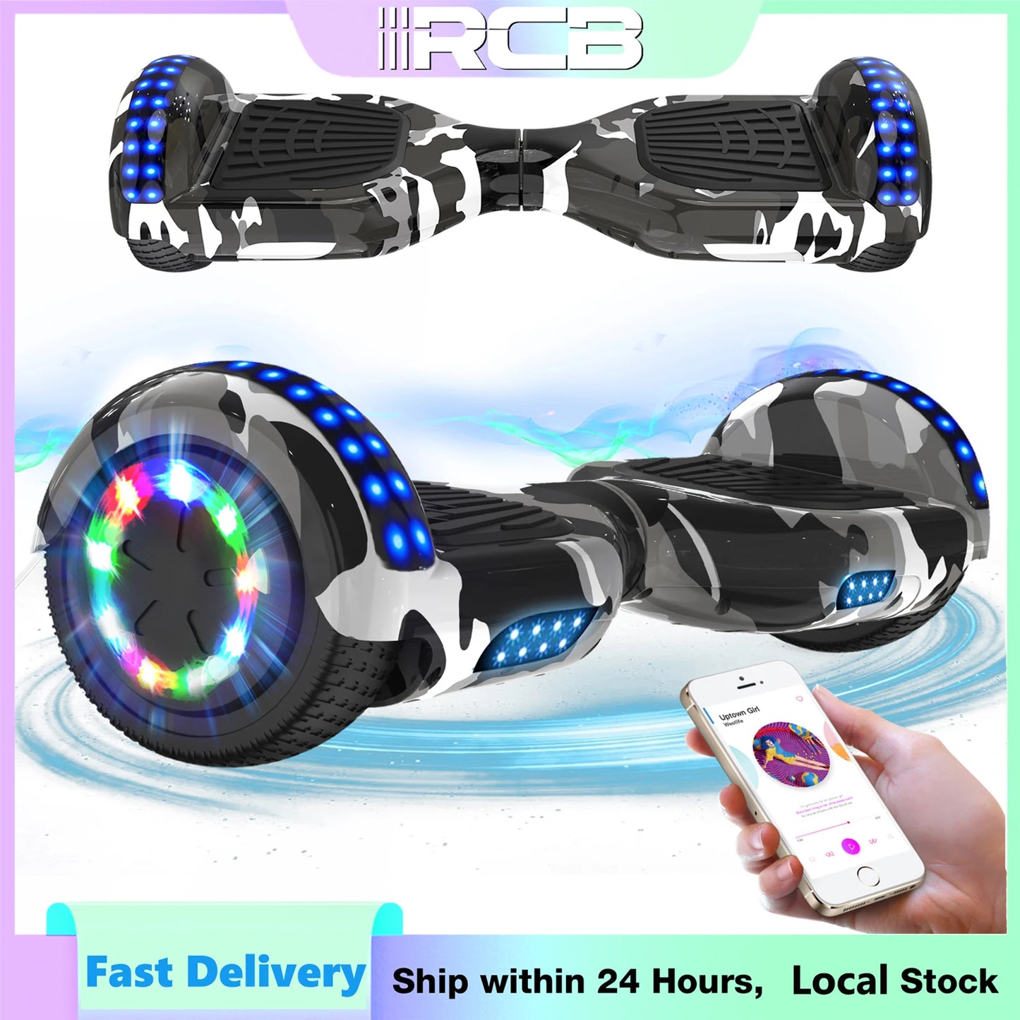 RCB Hoverboard, 6.5 Inch Two Wheel Hoverboard with Bluetooth Speaker with LED Light, Hoverboard Gift for Kids and Adults