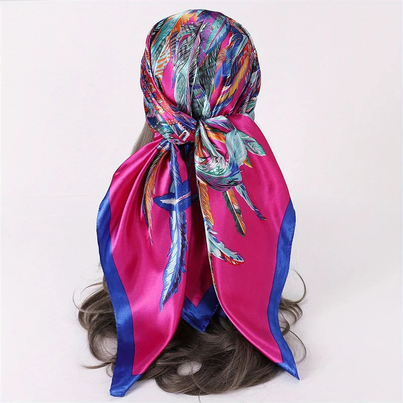 Satin Square Scarf Women Muslim Hijab Elegant 2023 Print Silk Neckerchief Shawl Wraps Headband Handle Hair Accessories Bandana