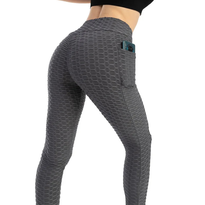 Women Fashion Pocket Bubble Pants Stretchy Slim Leggings Gym Running Cycling Fitness Pants High Waist Hip Lift Leggings Female