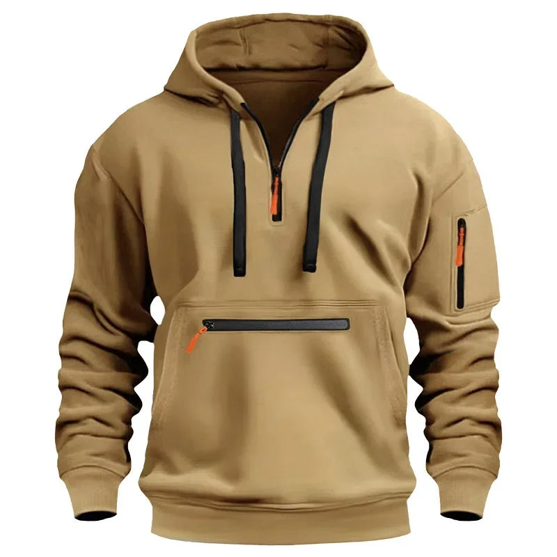 Men's casual sports hoodie, spring and autumn fashion arm pocket pull rope hooded solid color loose long-sleeved blouse pullover