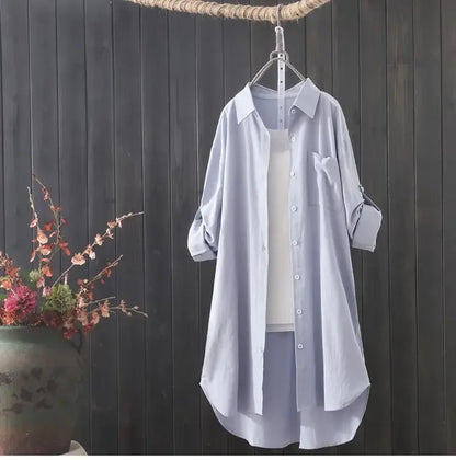 White Shirt Women 2024 Spring Summer Korean Fashion Simple Solid Color Long Shirts Lady Loose Breathable Midi Shirt and Blouse