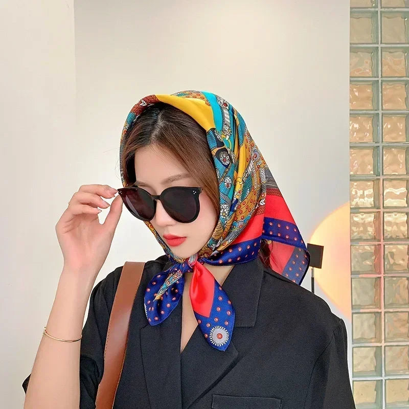 Luxury Design Print Silk Square Scarf Women Soft Satin Horse Hairband Neckerchief Office Hijab Headband Foulard Bag Ribbons Gift